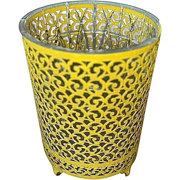 Vintage Hollywood Regency Yellow Filigree Waste Trash Basket Can W/ Liner - Picture 1 of 11